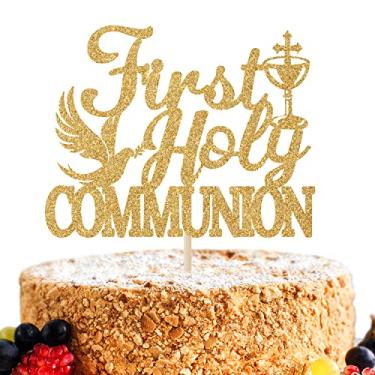 Imagem de Topper para bolo de primeira comunhão com glitter dourado para batismo/batizado/confirmação/chá de bebê/bebê 1º aniversário festa decoração suprimentos