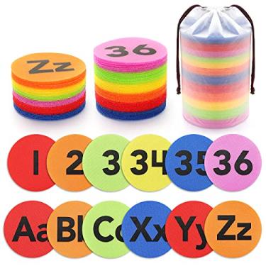 Imagem de Marcadores de carpete 62 peças – 36 peças com números multicoloridos (1-36) marcadores de pontos + 26 letras (A-Z) Pontos de carpete para sala de aula, marcadores de carpete pontos círculos pontos para crianças, professores, pré-escola e jardim de infância