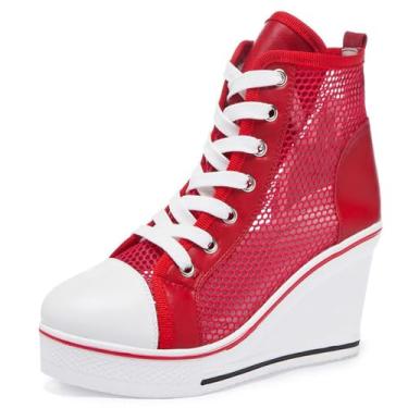 Imagem de ALLINNINE Tênis feminino de salto alto moderno de lona cano alto com cadarço borda cunha zíper inclinado sapatos tamanho 4-11, Rede vermelha, 34