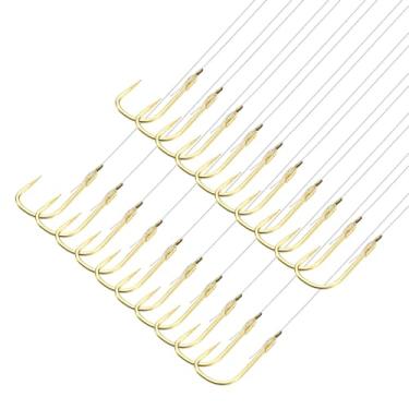 Imagem de PATIKIL 2# Ganchos de pesca pequenos com linha de 36 cm, 20 peças de anzol duplo de 0,3 x 0,15 polegadas anzóis de pesca em linha de nylon para água doce, tom dourado