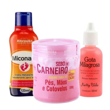 Imagem de Kit Anti Rachaduras para Pés, Gota Milagrosa 30ml, Sebo de Carneiro 200g, Creme Miconaze 120ml