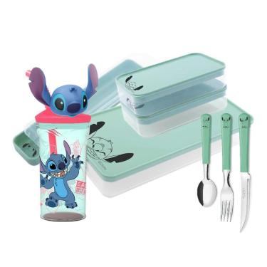 Imagem de Conjunto Refeição Infantil Stitch Disney 8 Peças Estojo, Potes, Talheres e Copo 3D Com Canudo