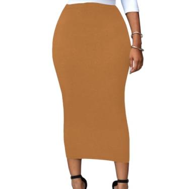 Imagem de Lrady Saias lápis longas femininas de cintura alta justas para festas, clubes, saídas à noite, maxi, Marrom, P