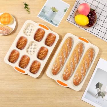 Imagem de DJAPWPX - 2 formas de pão de hambúrguer de silicone para assar pão caseiro e macio, forma de bolo, forma de bolo com cavidade 3/4/9, para micro-ondas e geladeira (bege, 2)