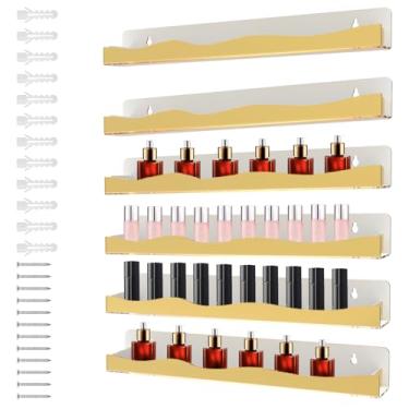 Imagem de Prateleira de parede para esmalte de unha com 6 peças, prateleiras flutuantes de esmalte de acrílico, expositores de óleo essencial para óculos de sol dourados, suporte organizador de armazenamento