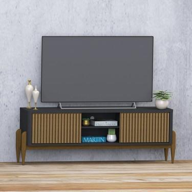 Imagem de Painel Ripado Led para Tv até 70” + Rack Ripado Sereno 1600 com Portas Deslizantes London Preto Acetinado/Cedro Freijó Acetinado