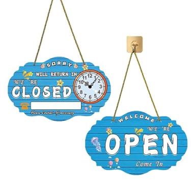Imagem de 8Gnituhs Placa fechada aberta azul com relógio, vinil dupla face 40 x 25 cm, para janela comercial, porta, loja e escritório, retorno Be Back, Come In We're Open Sign, Please Come Again