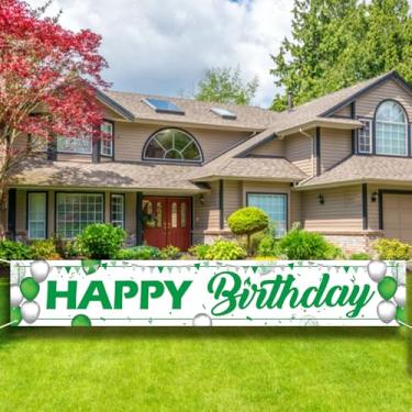 Imagem de Placa de faixa de feliz aniversário - 25 x 4 m, grande decoração de festa de jardim ao ar livre, pano de fundo branco e verde para homens e mulheres.