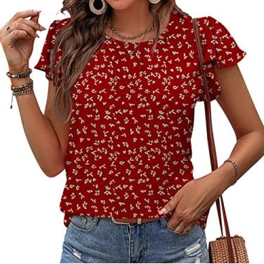 Imagem de Camiseta feminina de manga curta casual gola redonda plissada de chiffon camisa com babados manga top doce camisa de verão blusas tops, vermelho, XGG