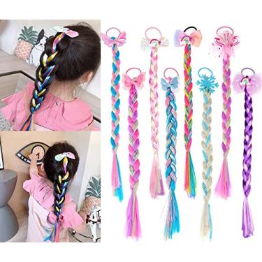 Imagem de Extensões de cabelo trançadas coloridas com elásticos de borracha, rabo de cavalo, laços de cabelo, cor arco-íris, apliques de cabelo sintético com glitter, extensões de cabelo trançado