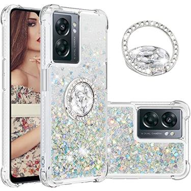Imagem de CCSmall Capa com glitter transparente brilhante para OnePlus Nord N300 para mulheres, capa de areia movediça líquida fluida com suporte de anel de diamante para OnePlus Nord N300/Realme Narzo 50/Oppo K10 5G LSZ prata