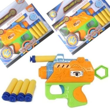 Imagem de KIT 2 Lançador De Dardos Brinquedo Infantil PISTOLA ARMA LANÇA 5 DARDOS MACIOS SEGURO QUE GRUDA ULTRA MIRA ARMINHA PRESSÃO ATIRA ACERTE O ALVO 15 CM