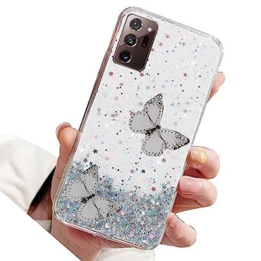 Imagem de Rnrieyta Capa Miagon com glitter para Samsung Galaxy Note 20, capa protetora de silicone macia e fina com estrela brilhante para meninas e mulheres, 2 borboletas transparentes
