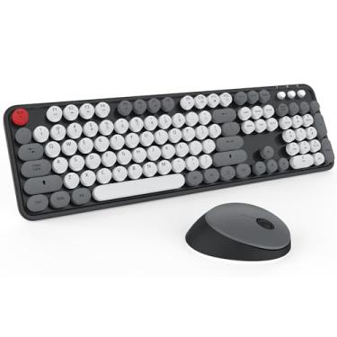 Imagem de Teclado e mouse sem fio, teclado e mouse Kootop fofos, teclado sem fio de 2,4 G com teclado redondo retrô para PC, Mac, laptop, tablet, Windows de computador (cinza)