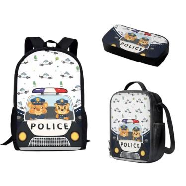 Imagem de ZWPINITUP Mochila para meninos adolescentes, mochila escolar com estampa de carro de polícia, mochila escolar com lancheira e estojo escolar 3 em 1, conjunto de sacolas escolares para presente