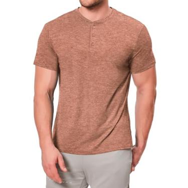 Imagem de ICEMOOD Camiseta masculina Henley Dry Fit Tech 3 botões slim fit secagem rápida camiseta de ginástica manga longa leve casual camiseta básica, Marrom avermelhado, M