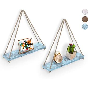 Imagem de Prateleiras suspensas para parede – Conjunto de 2 – Prateleiras boêmias de fazenda rústica com cordão – 43 x 13 cm – Madeira real grossa envelhecida e com aparência queimada – Cor azul