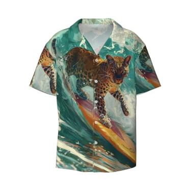 Imagem de IYOVI Camisa masculina havaiana com estampa labrador Retrie de manga curta com botões, camisa de praia de verão, Leopardo Surfing Sea, P