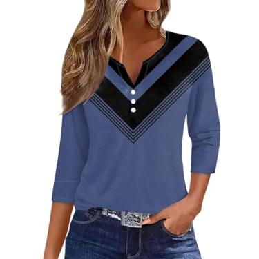 Imagem de Camisetas femininas listradas, coloridas, gola V, manga 3/4, túnica, botões, casual, verão, blusas leves e soltas, Azul marino, XXG