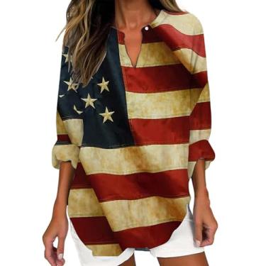 Imagem de Camisetas femininas de linho 4 de julho com bandeira americana listras estrelas blusas verão manga longa gola V blusa grande casual, Vermelho melancia, G