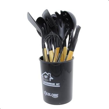 Imagem de EXGLOBE Kit de Utensílios Para Cozinha 12 Peças, de Silicone e Cabo de Madeira, Antiaderente, Possui Espátulas, Colheres, Pegadores, Fouet, Pincel e Suporte (Preto)