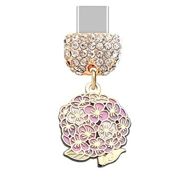 Imagem de ELISE & FONDA TP212 Tipo-C porta de carregamento USB cristal antipoeira pequena flor hortênsia pingente de telefone celular para Samsung Galaxy/Huawei/OnePlus/Xiaomi/oppo telefones Android (multi),