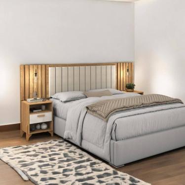 Imagem de Cabeceira Estofada Queen Onix Freijó e Off White Ripado