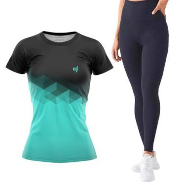 Imagem de Kit Camiseta Academia Fitness Feminina Calça Legging Lisa Cós Alto Pre