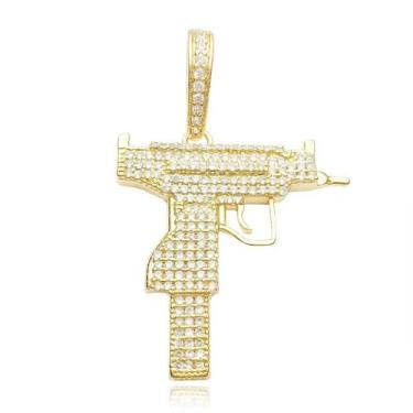Imagem de Pingente Arma Uzi Luxuosa Masculina Cravejada Banhada a Ouro 18k - Tro