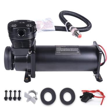 Imagem de CNRAQR Compressor de suspensão pneumática de buzina de trem de ar resistente 200PSI 1/4NPT 12V com acessórios de substituição 3/8NPT compressor de suspensão pneumática preto para buzinas de carro