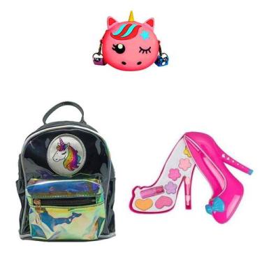 Imagem de Mochila Preta Unicórnio, Bolsa e Maquiagem Sapato Infantil - BD Net