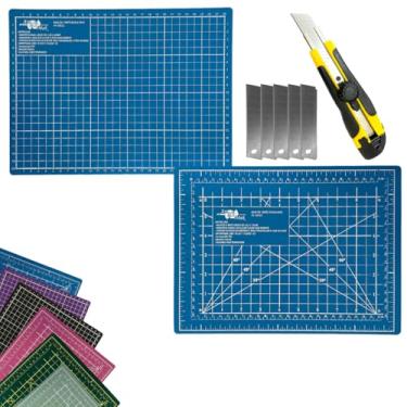 Imagem de Kit Base de Corte Dupla Face Multiuso Auto Regenerativa A4 30cm x 22cm Para Patchwork Artesanato Scrapbook Desenho Estilete Profissional Lamina Reserva (Azul)