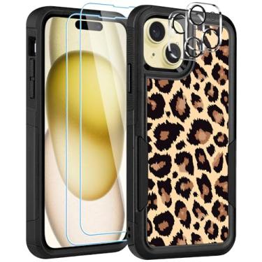 Imagem de LOQUPE [Capa 5 em 1 para iPhone 15, com 2 protetores de tela + 2 protetores de lente de câmera, capa protetora resistente resistente e leve à prova de choque para mulheres, linda estampa de leopardo amarelo