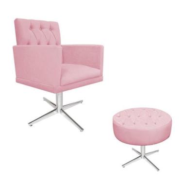 Imagem de kit Poltrona e Puff Nanda Base Giratória de Metal Suede Rosa Bebê - DA