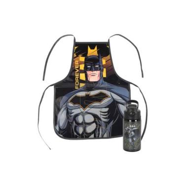 Imagem de Kit Escolar Avental Infantil + Garrafa Batman Preto - Luxcel
