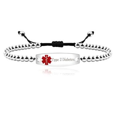 Imagem de Uloveido Pulseira de identificação de alerta médico gravada a laser para mulheres de primeiros socorros de emergência, pulseira de alerta de saúde gravada com contas de aço inoxidável de 4 mm para