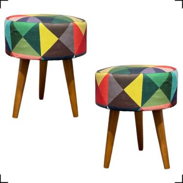 Imagem de Kit 2 Puff Decorativo Redondo Para Sala Pé Palito Castanho Suede Estampado (Triangulo Colorido)