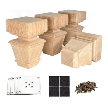 Imagem de Pernas de móveis de madeira de 10 cm com placas de montagem Conjunto de 4 pés de substituição de móveis de madeira maciça estilo europeu inacabado para sofá, armário de sofá, suporte de TV otomano,