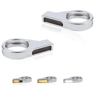 Imagem de FACAILAHA Garfo dianteiro para motocicleta, sinalizadores de seta de LED universais 12V sequenciais âmbar pisca-pisca luzes de corrida para Honda Harley Yamaha Suzuki Kawasaki, cromado