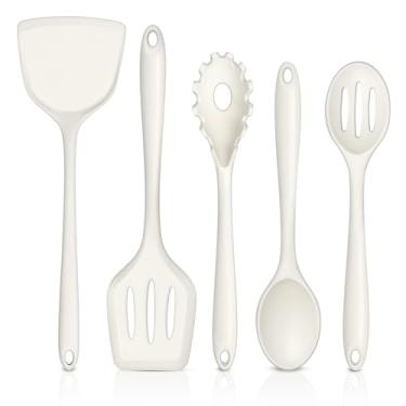 Imagem de TeamFar Conjunto de 5 utensílios de cozinha de silicone, colheres sólidas e com fenda, espátulas e servidor de macarrão - branco