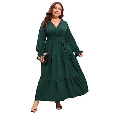 Imagem de ShopWonder Vestido maxi feminino plus size com decote em V, manga comprida, cintura alta, babados, vestido casual com cinto, Manga comprida, verde escuro, 3G