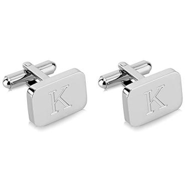 Imagem de Abotoaduras masculinas de aço inoxidável gravadas com iniciais banhadas a ouro branco 18K com caixa de presente - Letras personalizadas do alfabeto A-Z da Lux & Pair, Aço inoxidável, Na,
