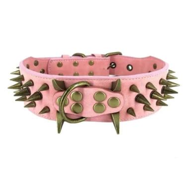 Imagem de Coleiras antimordidas para cães com rebite de 5 cm de largura, coleira de couro PU, colar Pitbull, coleira de cachorro grande para pastor alemão mastim rottweiler (rosa, G (66 x 5 cm))