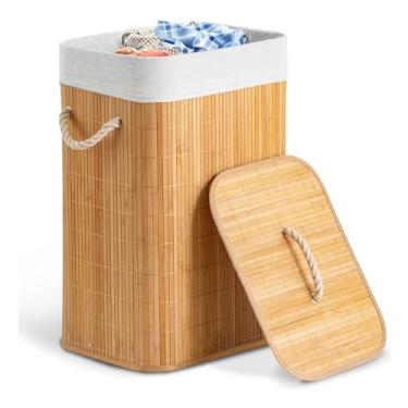Imagem de Cesto de Bambu Roupa Suja em Bambu Natural com Tampa 60L Alças de Corda Forro Removível...