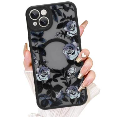 Imagem de AIGOMARA Capa para iPhone 14 Plus, compatível com MagSafe, linda estampa de flor rosa com capa de telefone fosca semitransparente para mulher Gilrs TPU macio e PC capa protetora traseira fina preta