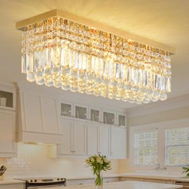 Imagem de MSSIAN Lustre De Cristal Moderno Dourado Para Sala De Jantar, Lustre Retangular Embutido, Luminária De Teto Pendente, Lustre De Cristal K9 De Luxo Em Formato De Gota De Chuva Para Sala De Estar, Coz
