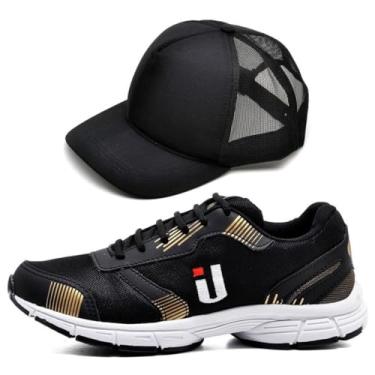 Imagem de Tênis Masculino Esportivo Treino Academia Pedalada Kit com Boné Original (Preto e Dourado, BR, Adulto, Numérico, 42)