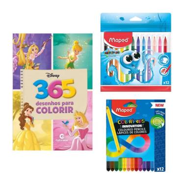 Imagem de Kit Pintura Com Livro Para Colorir Disney + 12 Lápis de Cor Infinito + 12 Canetinhas Hidrocor