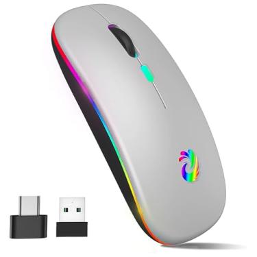Imagem de Mouse sem fio de LED, recarregável e silencioso, mouse óptico portátil de 2,4 G, com receptor USB e adaptador tipo C, 3 DPI ajustáveis para laptop, computador, notebook, desktop (prata)