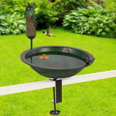 Imagem de Qipade Tigela de alimentação de 33 cm com formato de borboleta, metal externo 2 em 1, jardim removível, quintal, pátio e deck para pássaros, grampo de ferro de 7,9 cm de espessura, metal puro